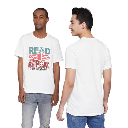 Read Sip Repeat Christmas Tee, Holiday T-Shirt, Cozy Christmas Gift, Unisex Short Sleeve Shirt, Reader's Holiday Apparel, Winter Graphic Tee