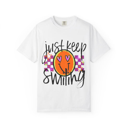 Just Keep Smiling Shirt, Smiley Face T-Shirt, Retro Graphic Tee, Positive Shirt for Women, Y2K Smiley Shirt, Encouragement Gift