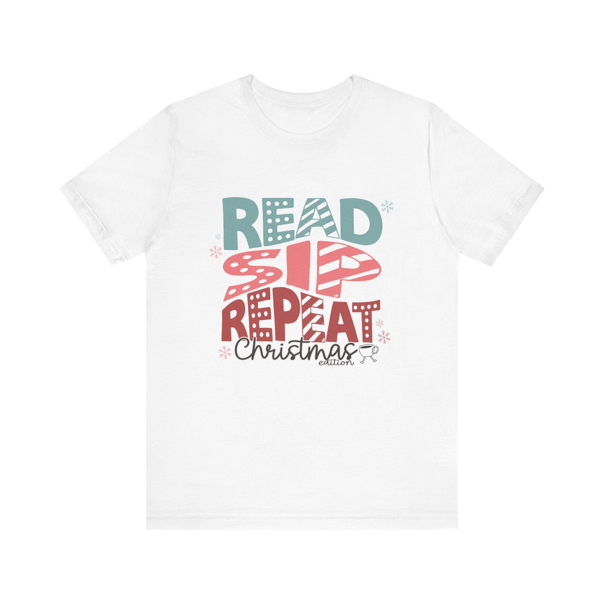 Read Sip Repeat Christmas Tee, Holiday T-Shirt, Cozy Christmas Gift, Unisex Short Sleeve Shirt, Reader's Holiday Apparel, Winter Graphic Tee