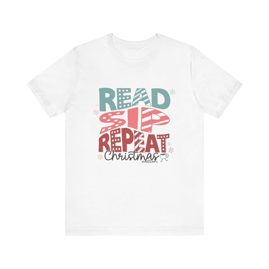 Read Sip Repeat Christmas Tee, Holiday T-Shirt, Cozy Christmas Gift, Unisex Short Sleeve Shirt, Reader's Holiday Apparel, Winter Graphic Tee