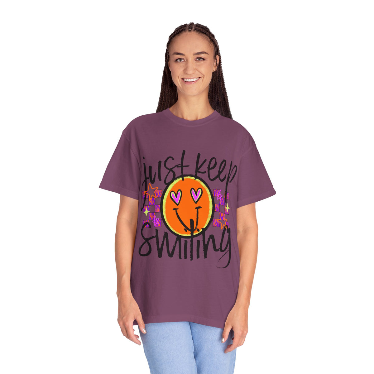 Just Keep Smiling Shirt, Smiley Face T-Shirt, Retro Graphic Tee, Positive Shirt for Women, Y2K Smiley Shirt, Encouragement Gift