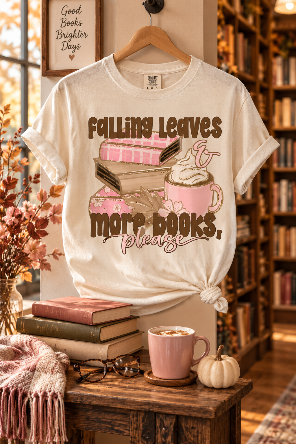 Fall Book Lover Shirt, Falling Leaves More Books Please Tee, Bookish T-Shirt, Reader Gift, Librarian Shirt, Cozy Fall Reading Tee