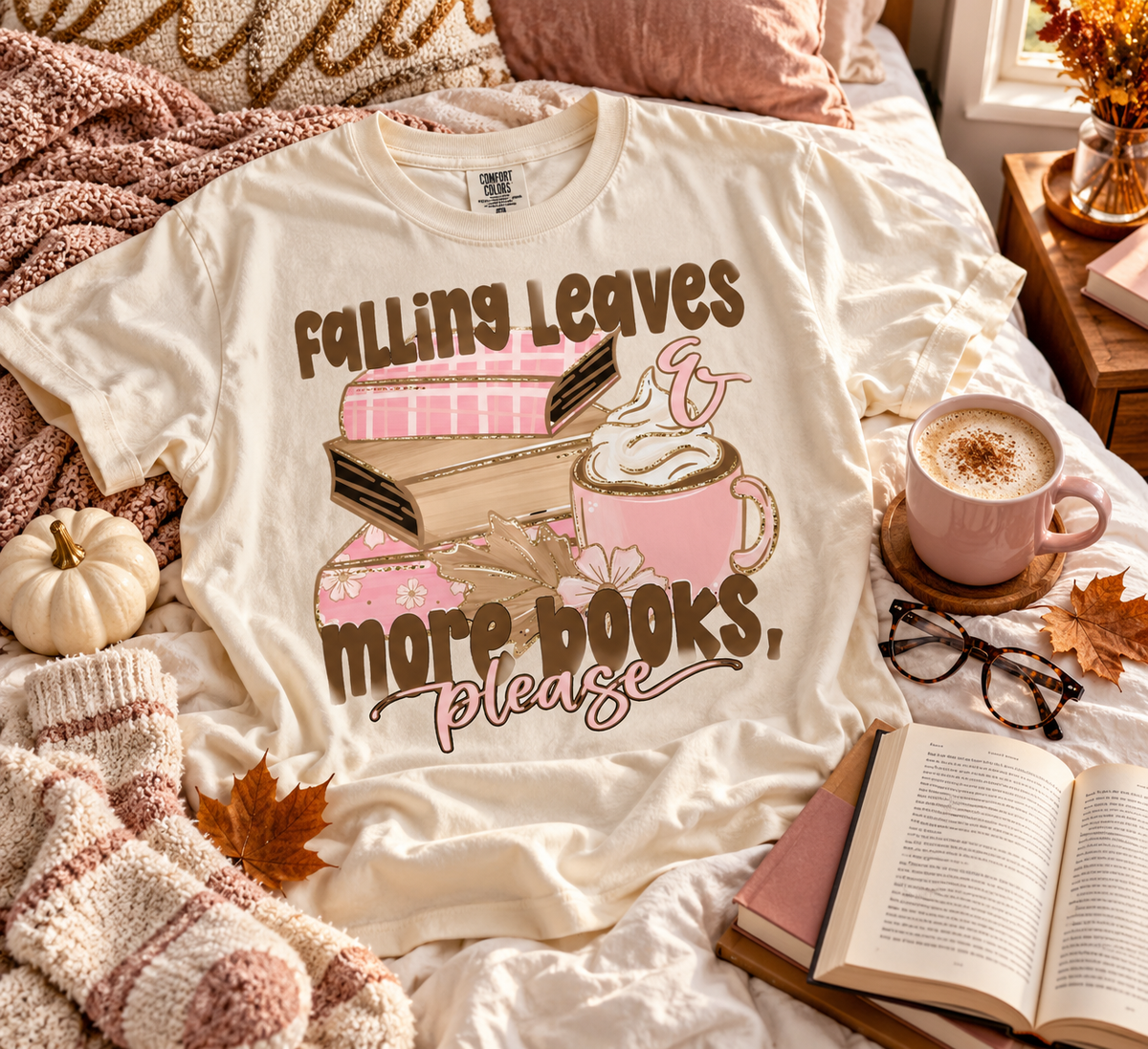 Fall Book Lover Shirt, Falling Leaves More Books Please Tee, Bookish T-Shirt, Reader Gift, Librarian Shirt, Cozy Fall Reading Tee