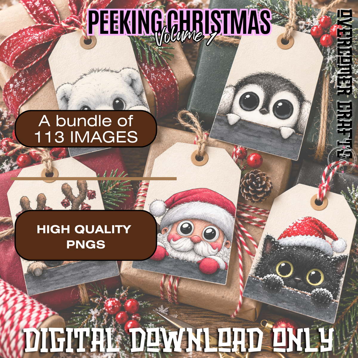 Christmas Peeking Clipart Bundle | 113 Holiday PNG Images | Commercial Use | Digital Download
