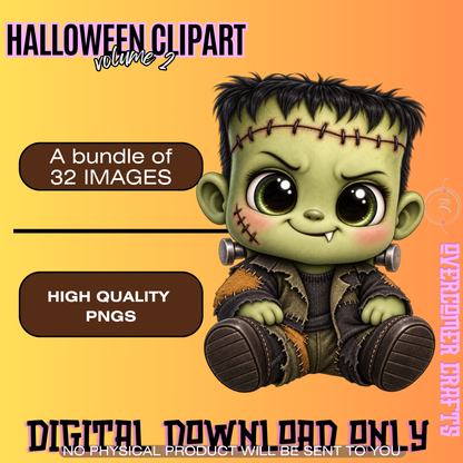 Cute Halloween Clipart Bundle Volume 2| 32 Watercolor PNG Images, Ghost Bat Fox Candy Corn Pumpkin, Transparent Background, Instant Download