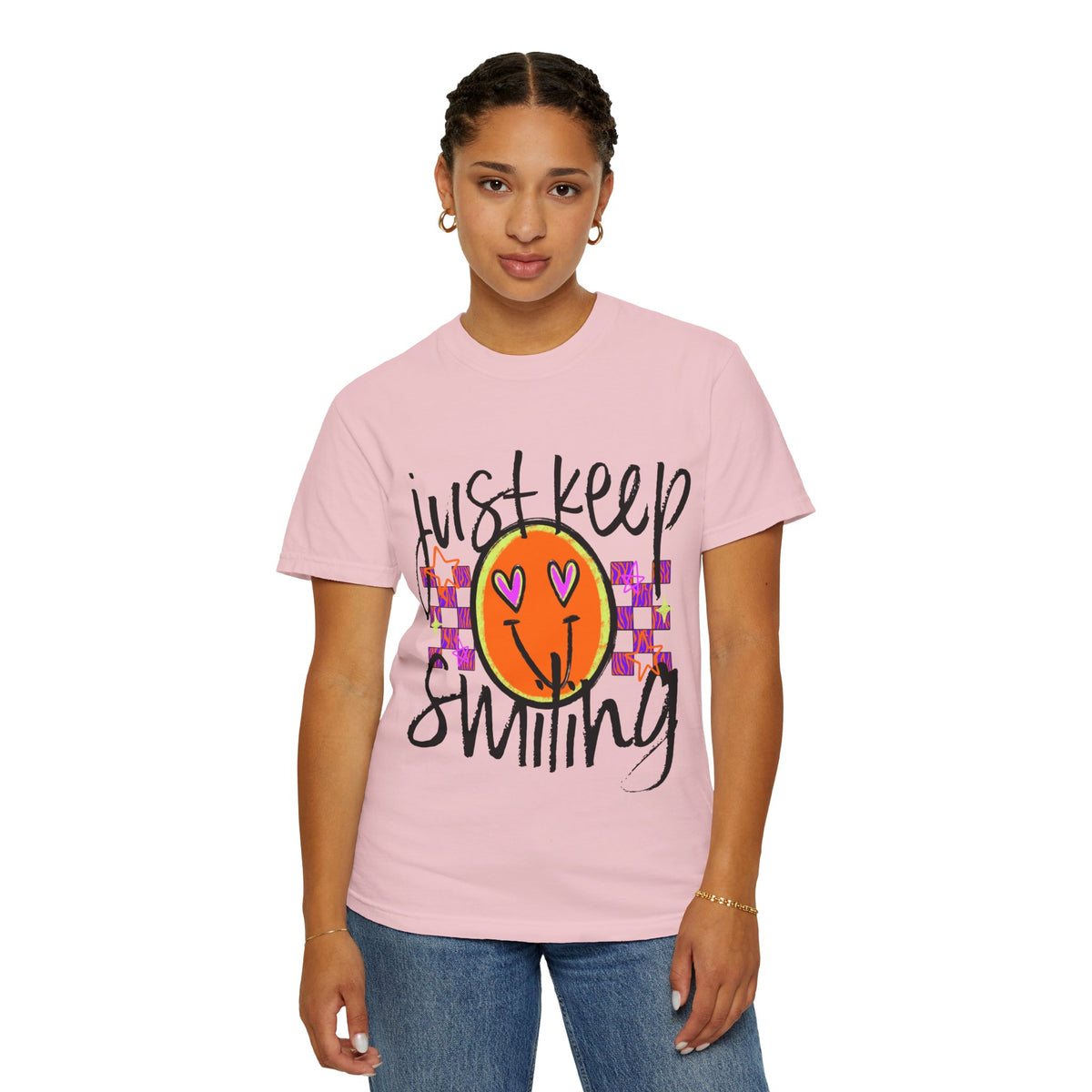 Just Keep Smiling Shirt, Smiley Face T-Shirt, Retro Graphic Tee, Positive Shirt for Women, Y2K Smiley Shirt, Encouragement Gift